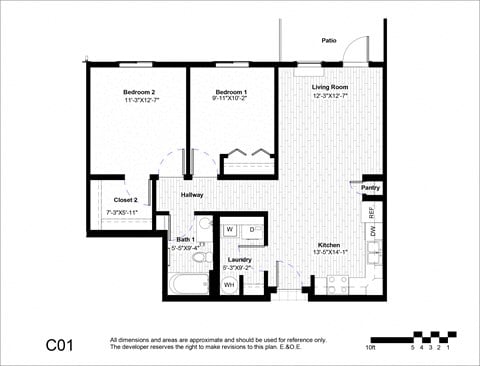 Floor plan for 2 beds, 1 bath, 875 sqft